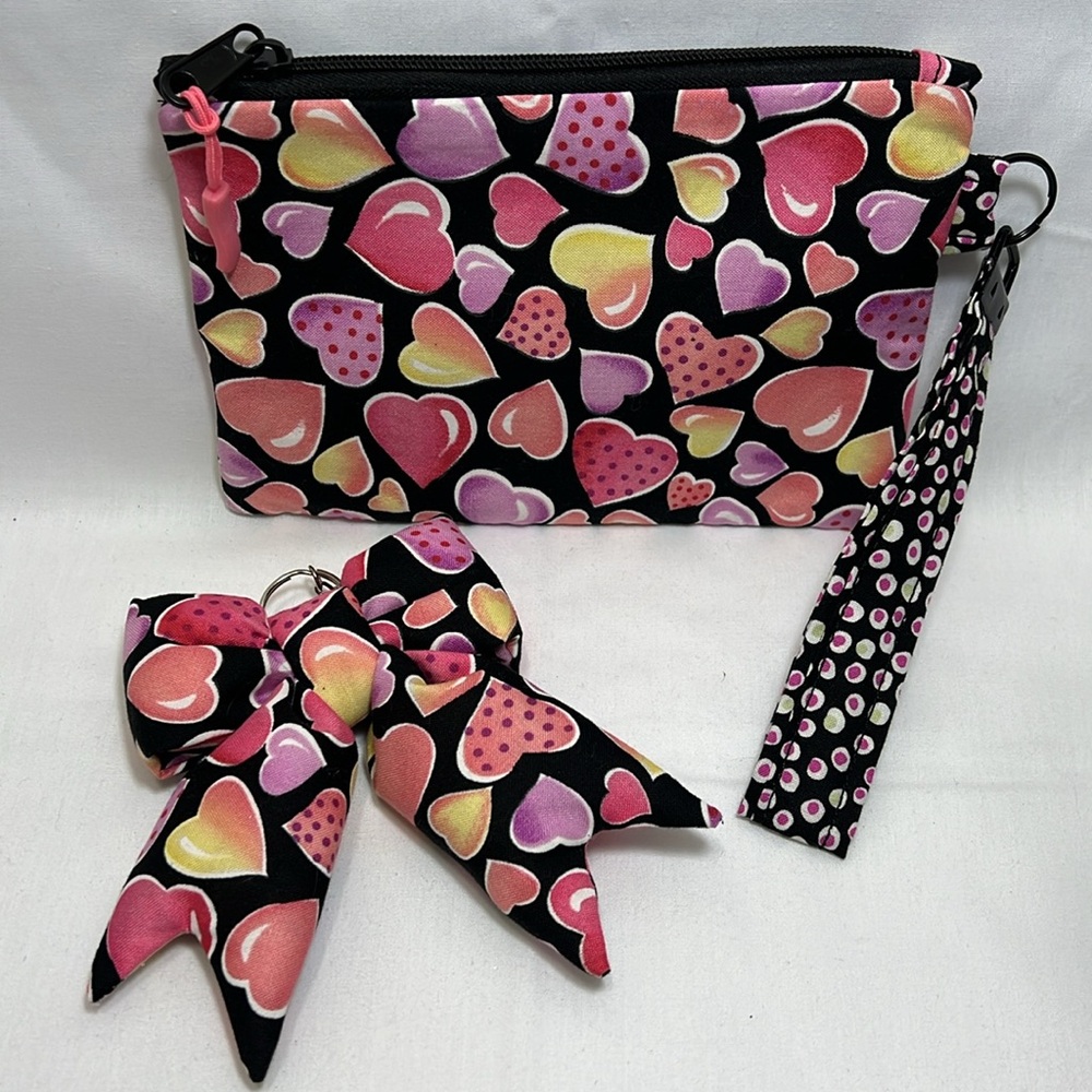 Handmade Heart Patterned Clutch Wristlet & Bow Key Chain